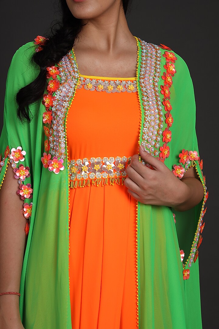 Green & Orange Sequins Embroidered Jumpsuit With Cape by Preeti S Kapoor at Pernia's Pop Up Shop