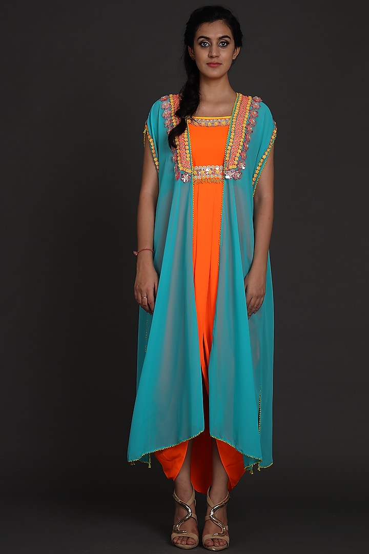 Sky Blue & Orange Embroidered Jumpsuit With Cape by Preeti S Kapoor