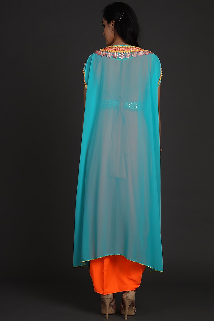 Sky Blue & Orange Embroidered Jumpsuit With Cape by Preeti S Kapoor at Pernia's Pop Up Shop