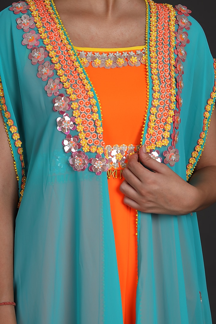 Sky Blue & Orange Embroidered Jumpsuit With Cape by Preeti S Kapoor at Pernia's Pop Up Shop