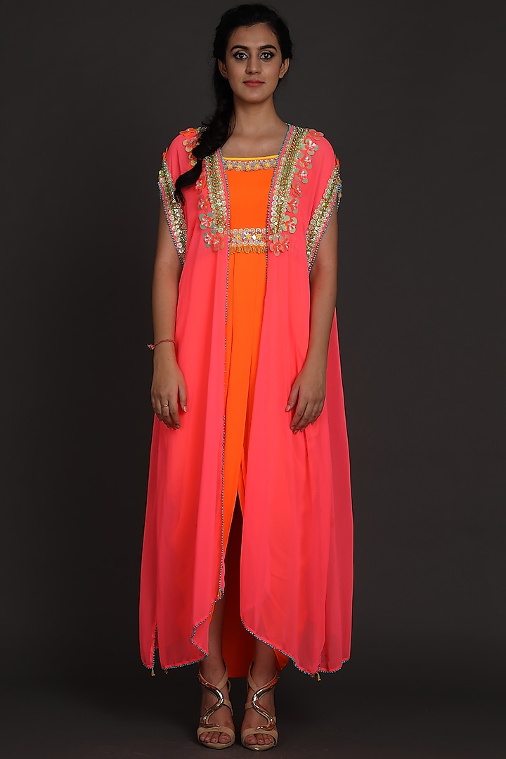 Fuchsia & Orange Embroidered Jumpsuit With Cape by Preeti S Kapoor
