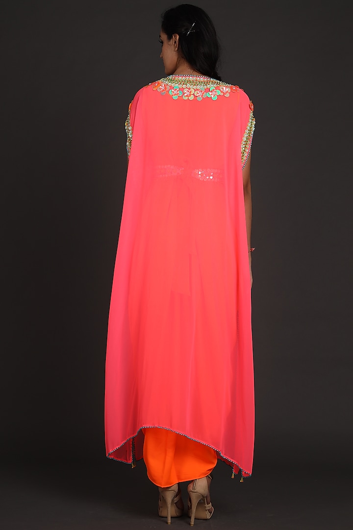 Fuchsia & Orange Embroidered Jumpsuit With Cape by Preeti S Kapoor at Pernia's Pop Up Shop