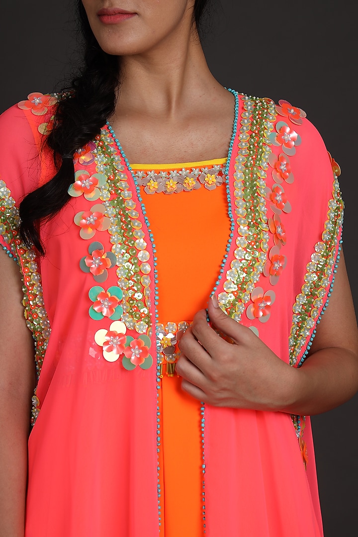 Fuchsia & Orange Embroidered Jumpsuit With Cape by Preeti S Kapoor at Pernia's Pop Up Shop
