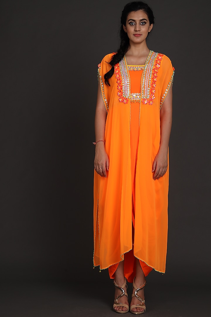 Orange Embroidered Jumpsuit With Cape by Preeti S Kapoor