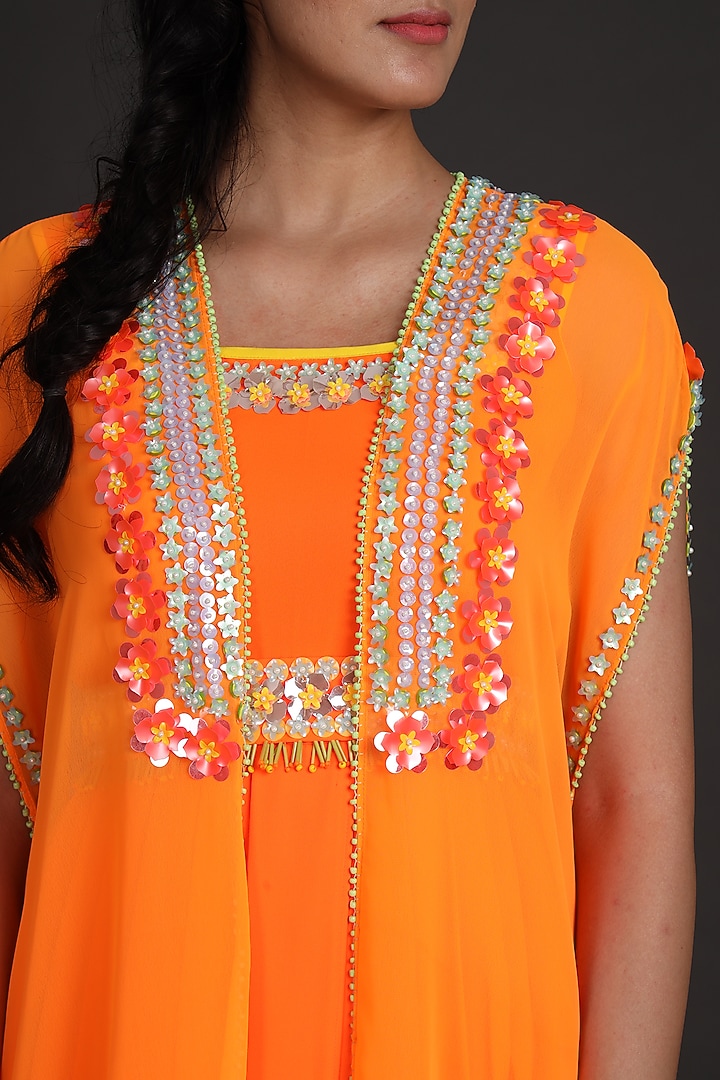 Orange Embroidered Jumpsuit With Cape by Preeti S Kapoor at Pernia's Pop Up Shop
