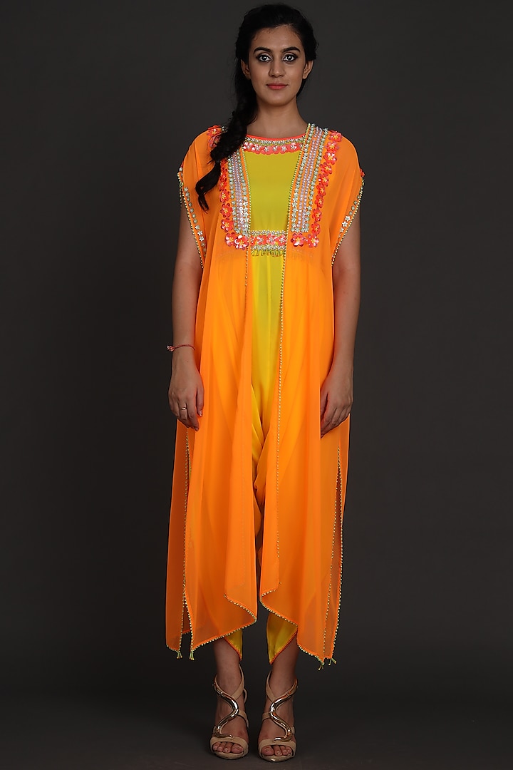 Yellow & Orange Embroidered Jumpsuit With Cape by Preeti S Kapoor
