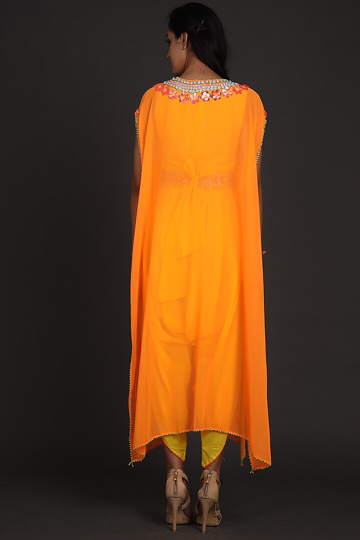 Yellow & Orange Embroidered Jumpsuit With Cape by Preeti S Kapoor at Pernia's Pop Up Shop