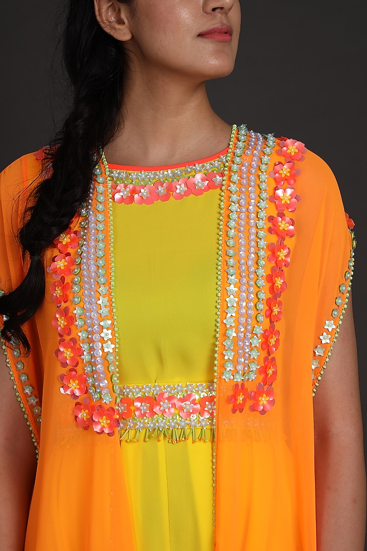 Yellow & Orange Embroidered Jumpsuit With Cape by Preeti S Kapoor at Pernia's Pop Up Shop