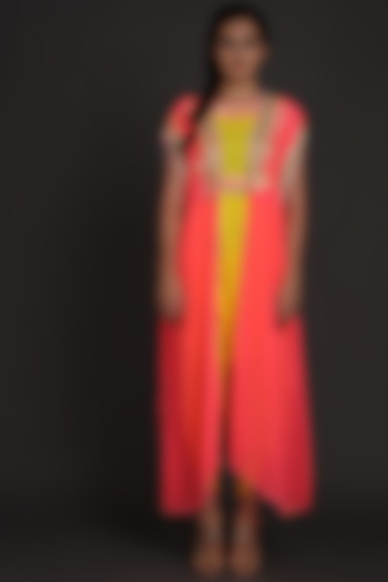 Yellow & Pink Embroidered Jumpsuit With Cape by Preeti S Kapoor at Pernia's Pop Up Shop