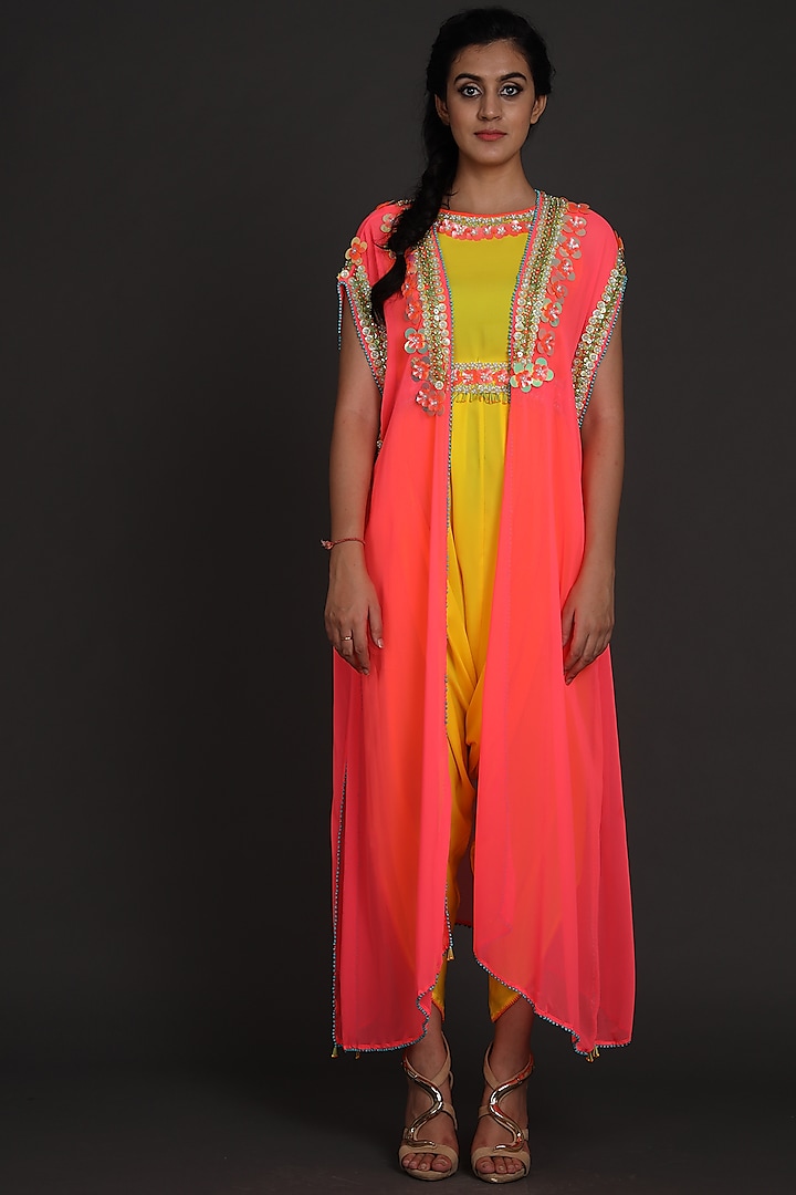 Yellow & Pink Embroidered Jumpsuit With Cape by Preeti S Kapoor at Pernia's Pop Up Shop