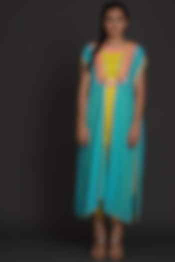 Yellow & Blue Embroidered Jumpsuit With Cape by Preeti S Kapoor at Pernia's Pop Up Shop