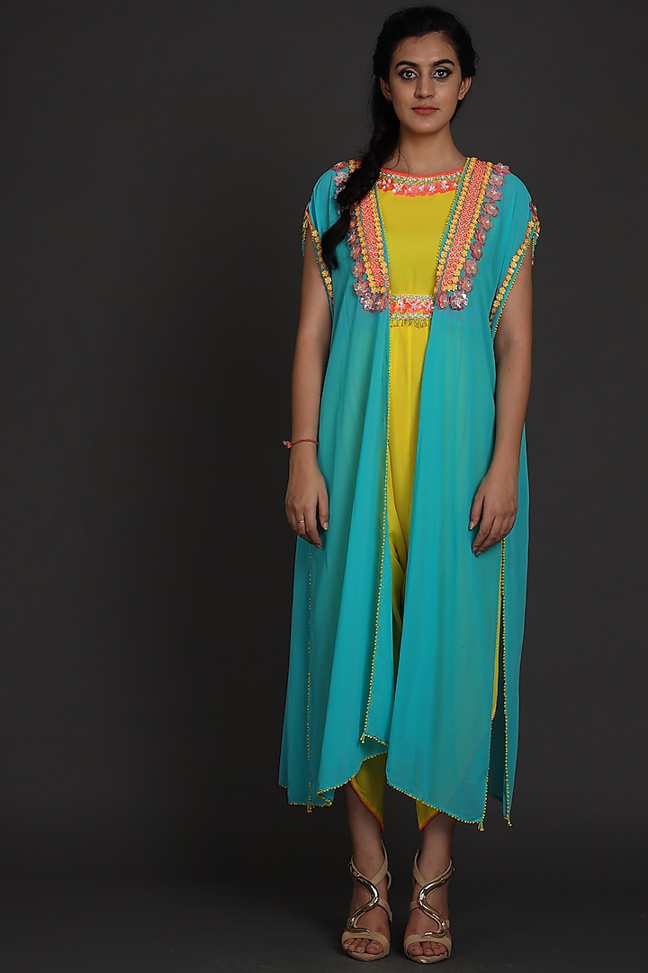 Yellow & Blue Embroidered Jumpsuit With Cape by Preeti S Kapoor at Pernia's Pop Up Shop