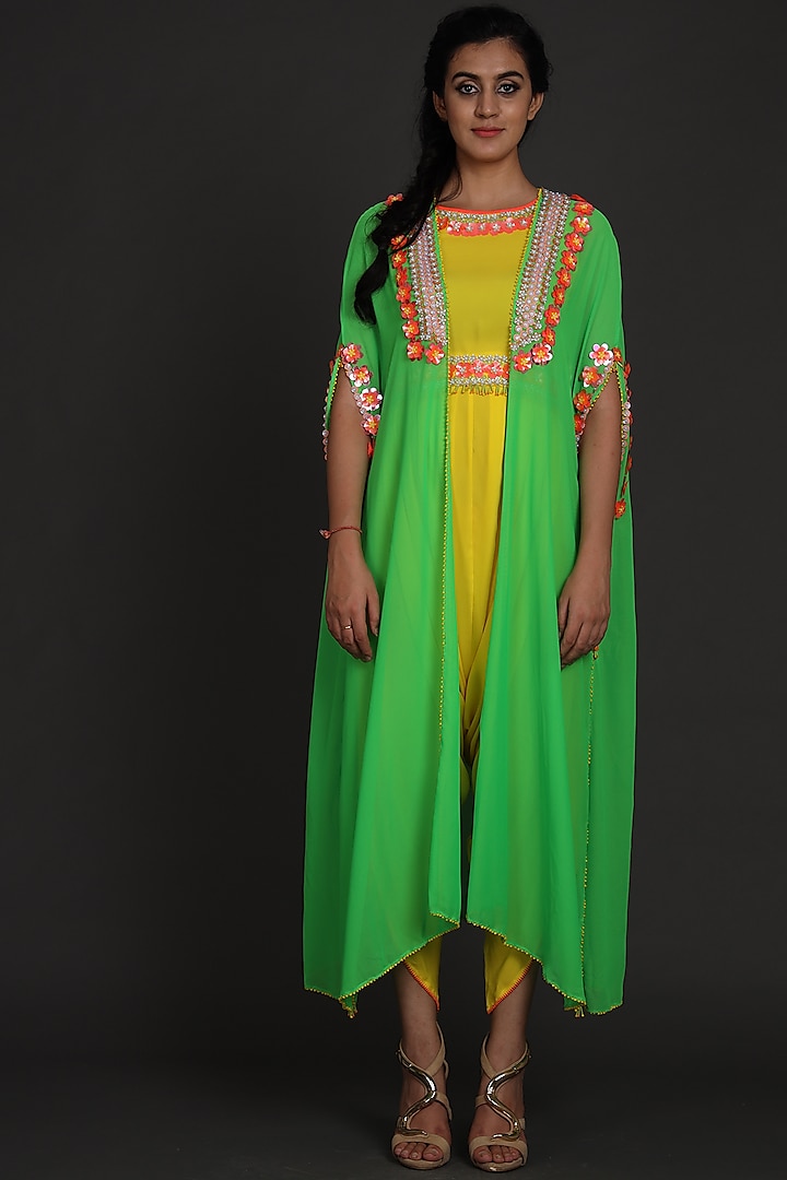 Yellow & Green Embroidered Jumpsuit With Cape by Preeti S Kapoor at Pernia's Pop Up Shop