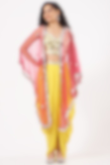 Cadmium Yellow Draped Skirt Set With Rose Pink Cape by Preeti S Kapoor