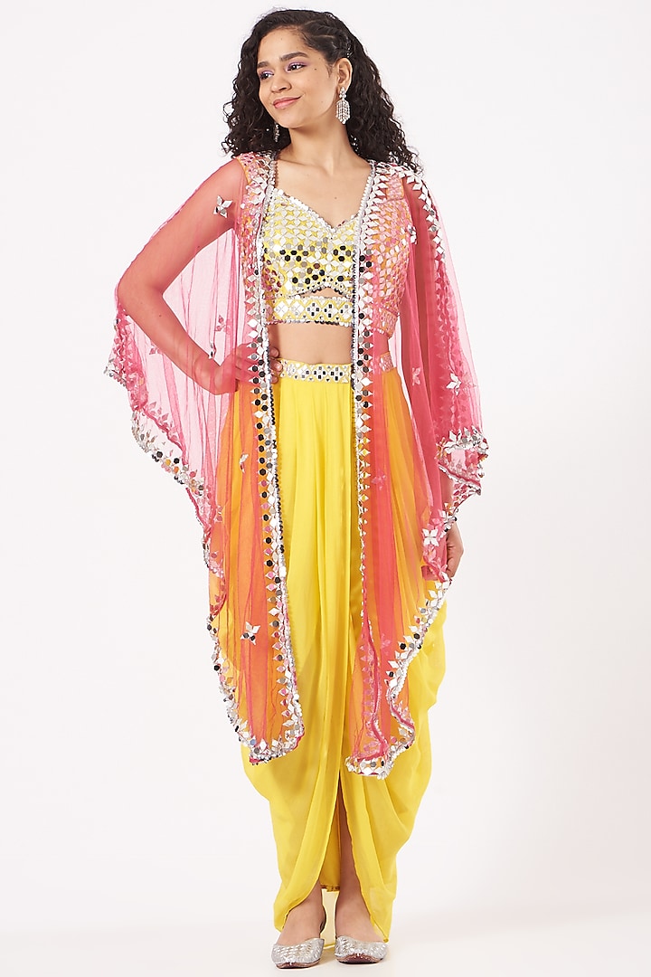 Cadmium Yellow Draped Skirt Set With Rose Pink Cape by Preeti S Kapoor