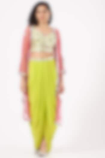 Lime Green Draped Skirt Set With Rose Pink Cape by Preeti S Kapoor at Pernia's Pop Up Shop