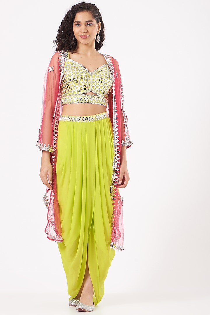 Lime Green Draped Skirt Set With Rose Pink Cape by Preeti S Kapoor