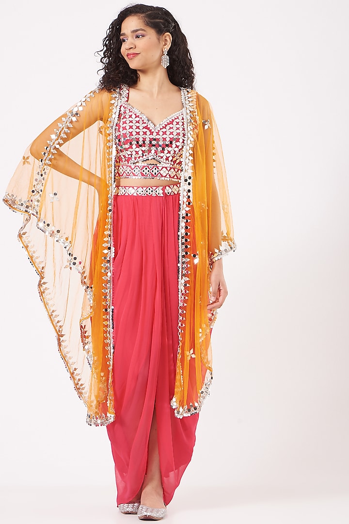 Candy Pink Draped Skirt Set With Orange Cape by Preeti S Kapoor