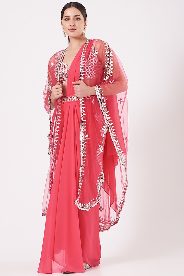 Candy Pink Dupion & Georgette Draped Jacket Saree Set by Preeti S Kapoor