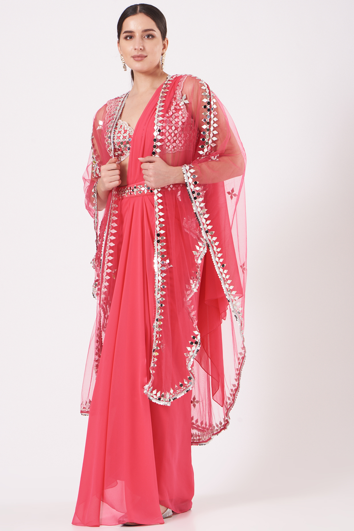 Candy Pink Dupion & Georgette Draped Jacket Wedding Saree Set by Preeti S Kapoor at Pernia's Pop Up Shop