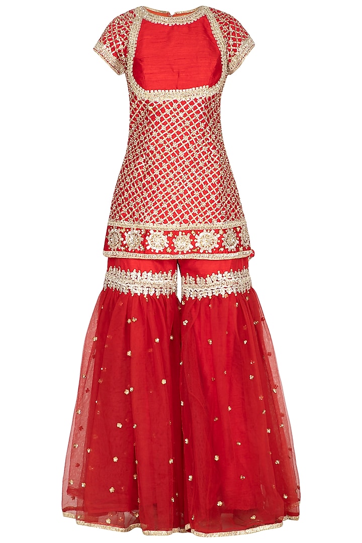 Red Embroidered Gharara Set by Preeti S Kapoor