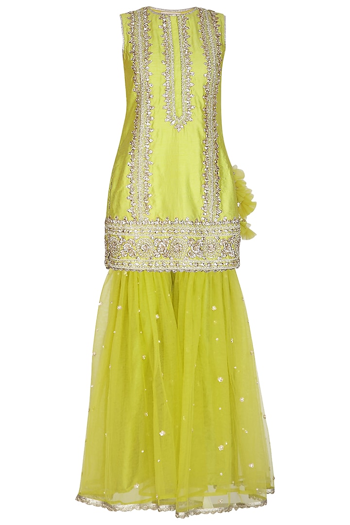 Lime Green Embroidered Gharara Set by Preeti S Kapoor