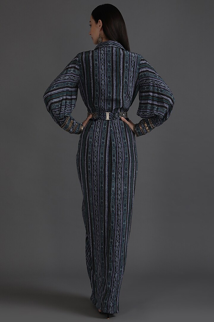 Cyan Blue Crepe Printed & Embroidered Draped Dhoti Vacation Dress With Belt by Preeti S Kapoor at Pernia's Pop Up Shop