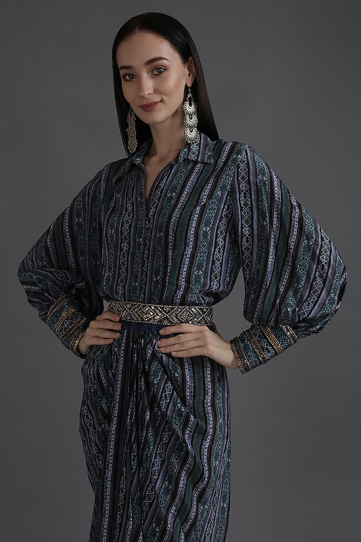 Cyan Blue Crepe Printed & Embroidered Draped Dhoti Vacation Dress With Belt by Preeti S Kapoor at Pernia's Pop Up Shop