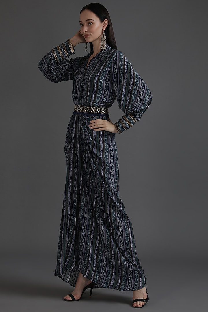 Cyan Blue Crepe Printed & Embroidered Draped Dhoti Vacation Dress With Belt by Preeti S Kapoor at Pernia's Pop Up Shop