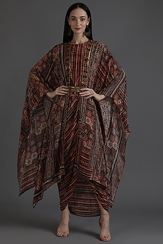 Multi-Colored Crepe Printed & Embroidered Jacket Dress With Belt by Preeti S Kapoor