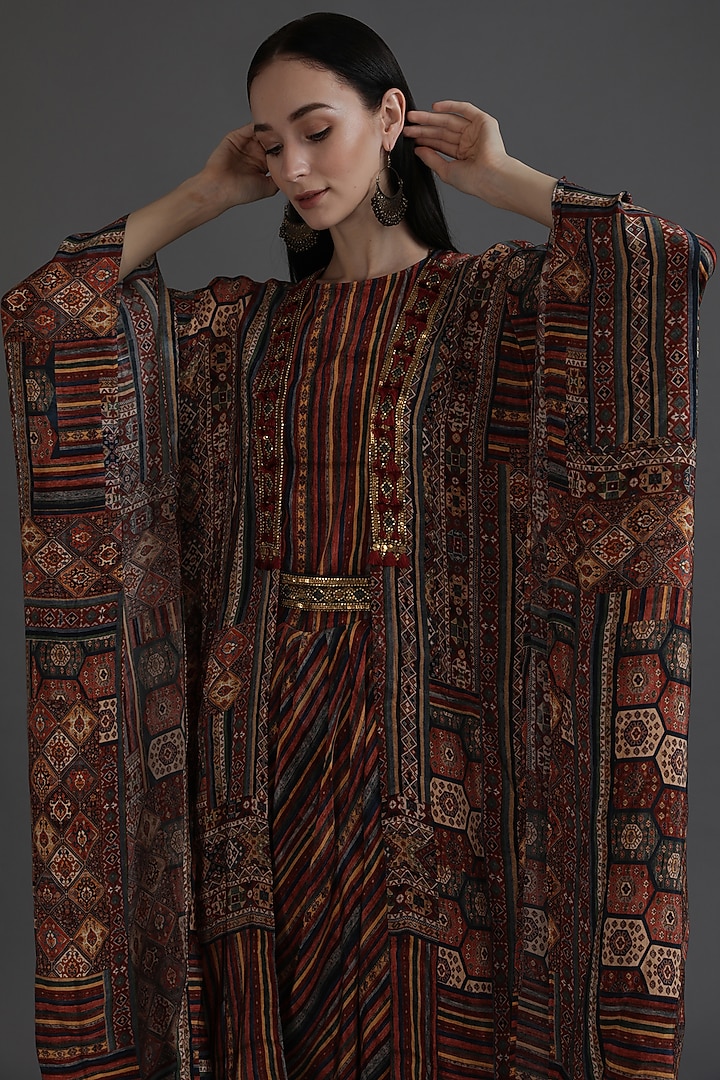 Multi-Colored Crepe Printed & Embroidered Jacket Vacation Dress With Belt by Preeti S Kapoor at Pernia's Pop Up Shop