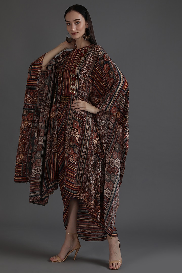 Multi-Colored Crepe Printed & Embroidered Jacket Vacation Dress With Belt by Preeti S Kapoor at Pernia's Pop Up Shop