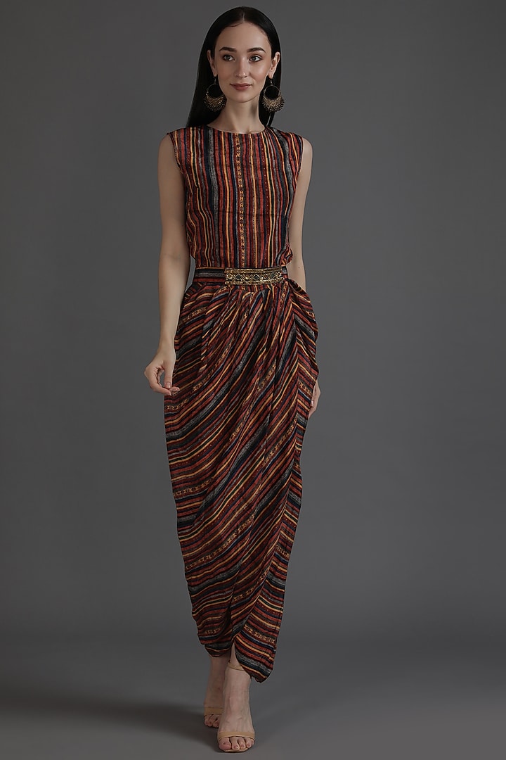 Multi-Colored Crepe Printed & Embroidered Jacket Vacation Dress With Belt by Preeti S Kapoor at Pernia's Pop Up Shop