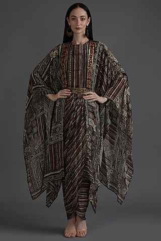 Multi-Colored Crepe Printed & Embroidered Jacket Dress With Belt by Preeti S Kapoor