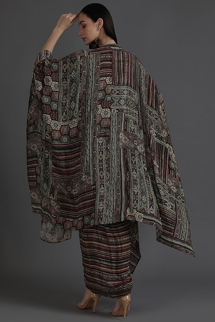 Multi-Colored Crepe Printed & Embroidered Jacket Vacation Dress With Belt by Preeti S Kapoor at Pernia's Pop Up Shop