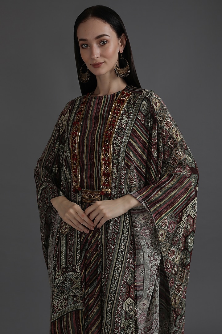 Multi-Colored Crepe Printed & Embroidered Jacket Vacation Dress With Belt by Preeti S Kapoor at Pernia's Pop Up Shop