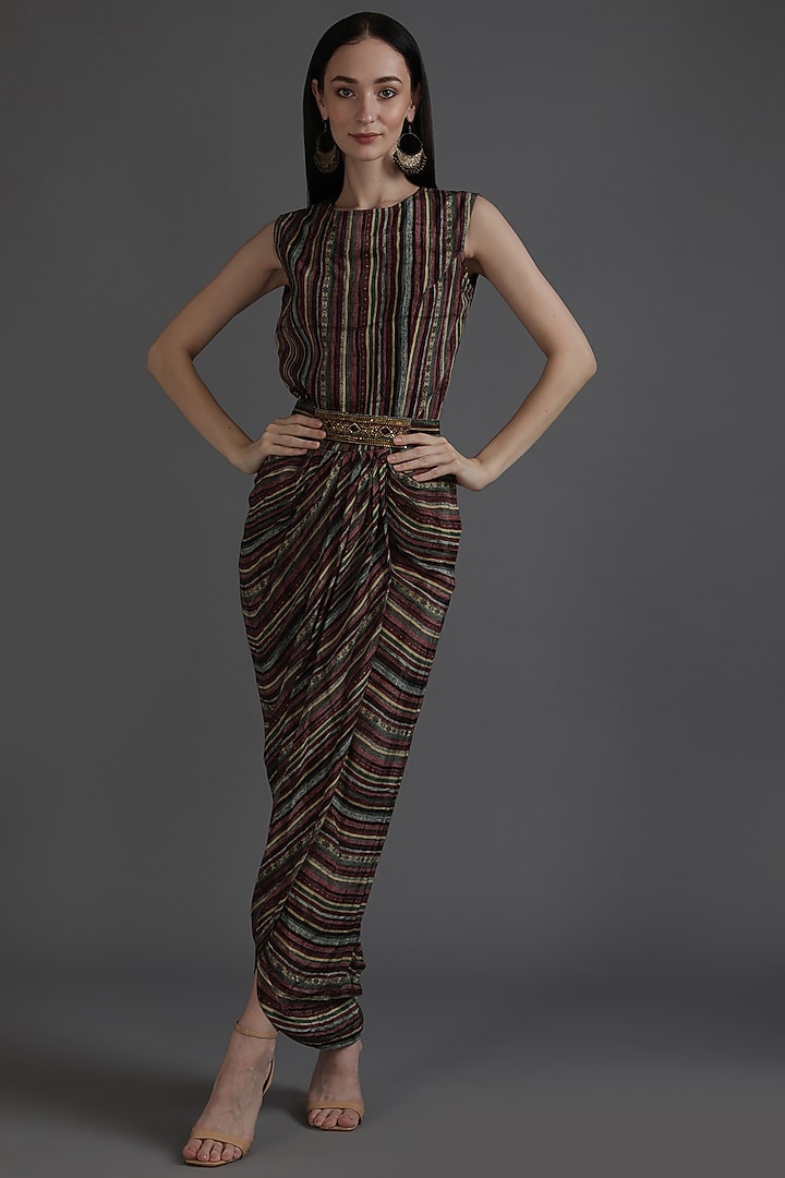 Multi-Colored Crepe Printed & Embroidered Jacket Vacation Dress With Belt by Preeti S Kapoor at Pernia's Pop Up Shop