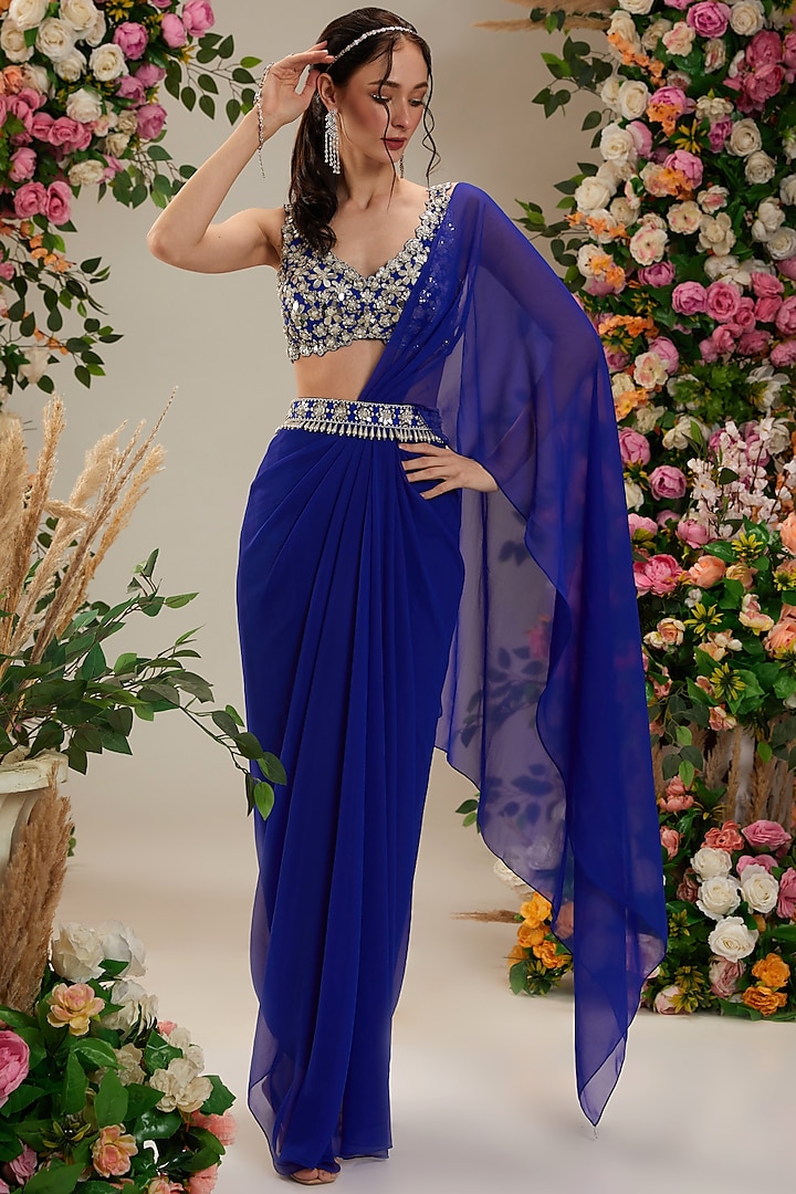 Cobalt Blue Georgette Draped Saree Set by Preeti S Kapoor