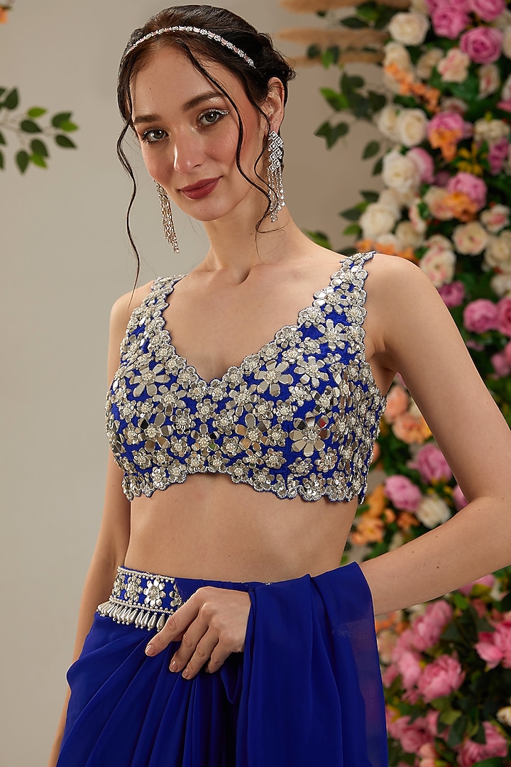 Cobalt Blue Georgette Draped Party Wear Saree Set by Preeti S Kapoor at Pernia's Pop Up Shop
