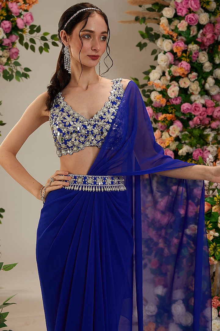 Cobalt Blue Georgette Draped Party Wear Saree Set by Preeti S Kapoor at Pernia's Pop Up Shop