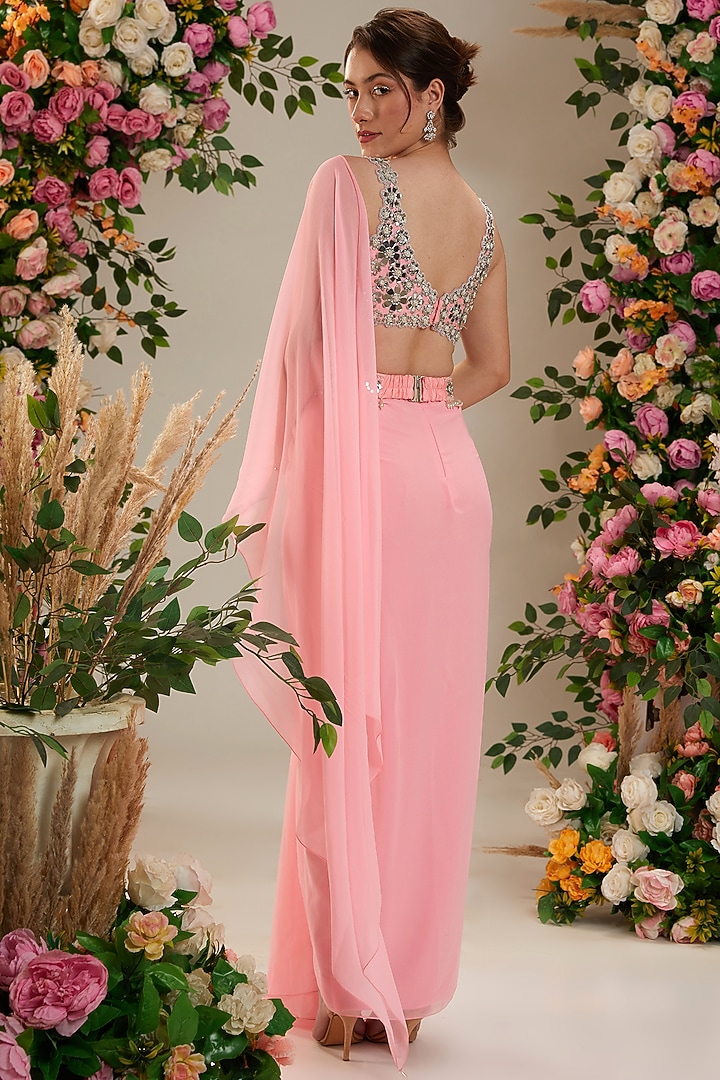 Neon Pink Georgette Draped Party Wear Saree Set by Preeti S Kapoor at Pernia's Pop Up Shop
