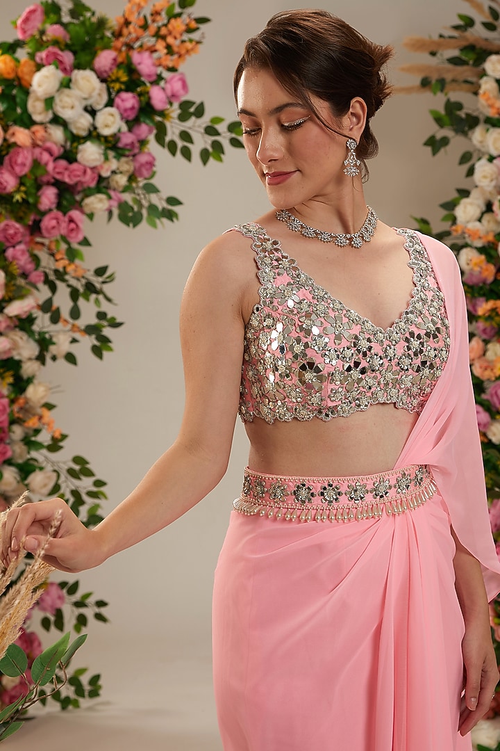 Neon Pink Georgette Draped Party Wear Saree Set by Preeti S Kapoor at Pernia's Pop Up Shop