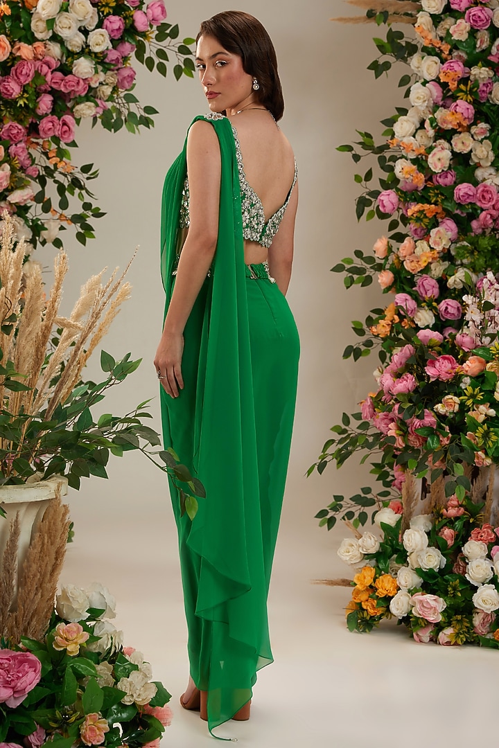 Dark Mint Georgette Draped Party Wear Saree Set by Preeti S Kapoor at Pernia's Pop Up Shop