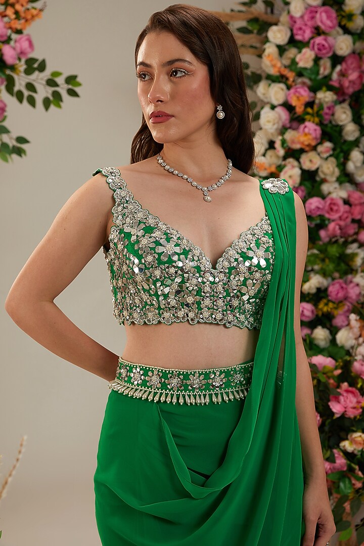 Dark Mint Georgette Draped Party Wear Saree Set by Preeti S Kapoor at Pernia's Pop Up Shop