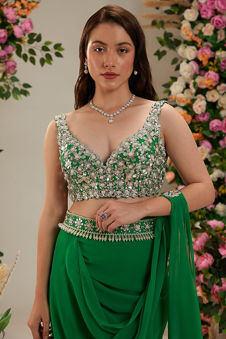 Dark Mint Georgette Draped Party Wear Saree Set by Preeti S Kapoor at Pernia's Pop Up Shop