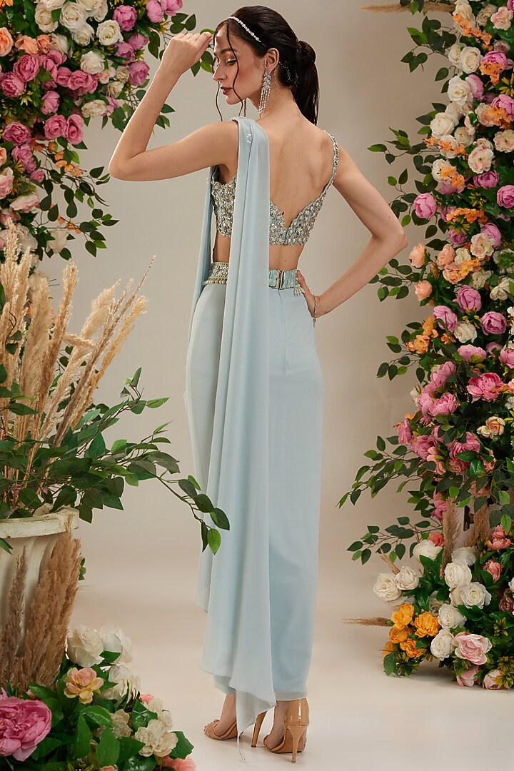 Ice Blue Georgette Draped Party Wear Saree Set by Preeti S Kapoor at Pernia's Pop Up Shop