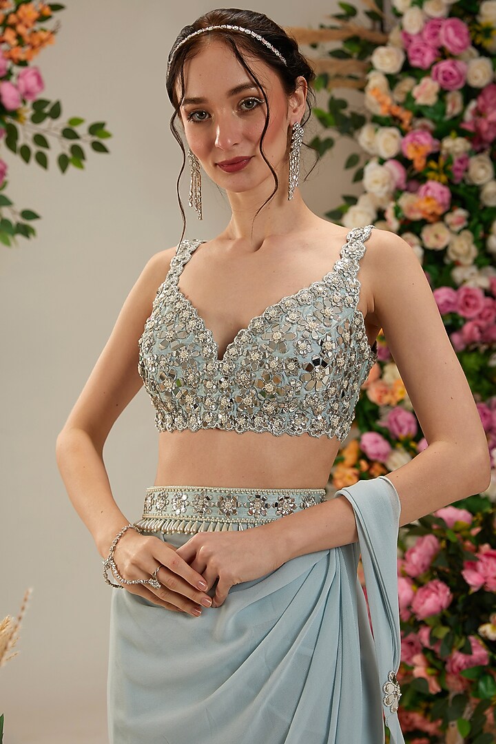 Ice Blue Georgette Draped Party Wear Saree Set by Preeti S Kapoor at Pernia's Pop Up Shop