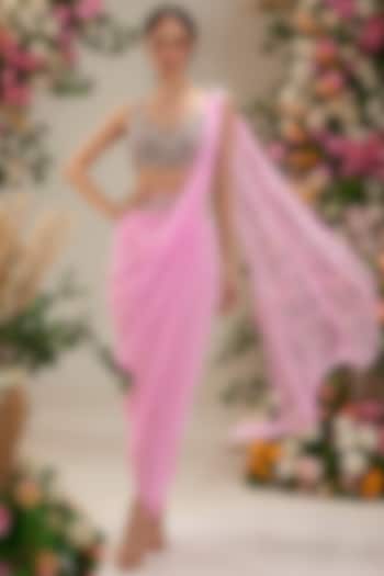 Pink Georgette Draped Saree Set by Preeti S Kapoor