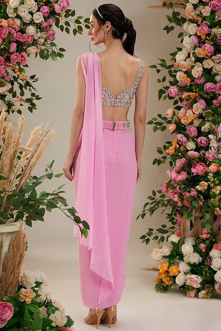 Pink Georgette Draped Party Wear Saree Set by Preeti S Kapoor at Pernia's Pop Up Shop