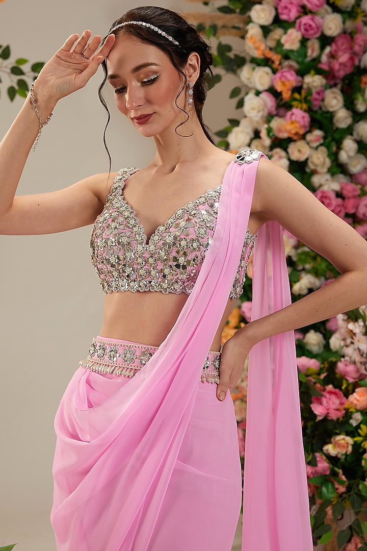Pink Georgette Draped Party Wear Saree Set by Preeti S Kapoor at Pernia's Pop Up Shop